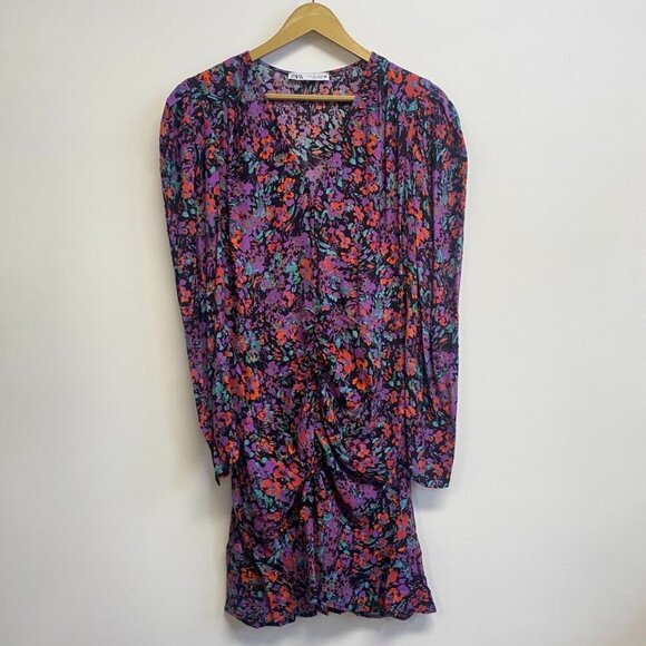 Zara Floral Gathered Ruched Ruffle Dress - Picture 2 of 14